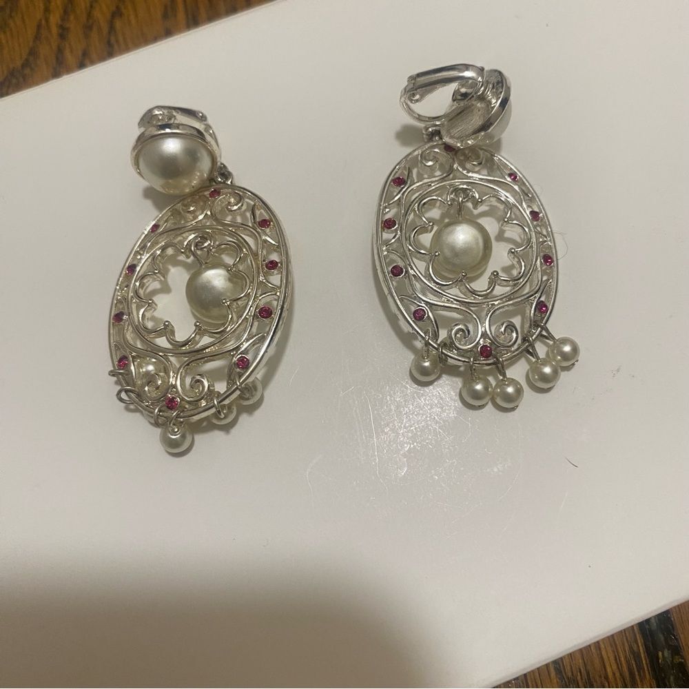 Elegant Silver tone and faux Pearl clip on Earrings